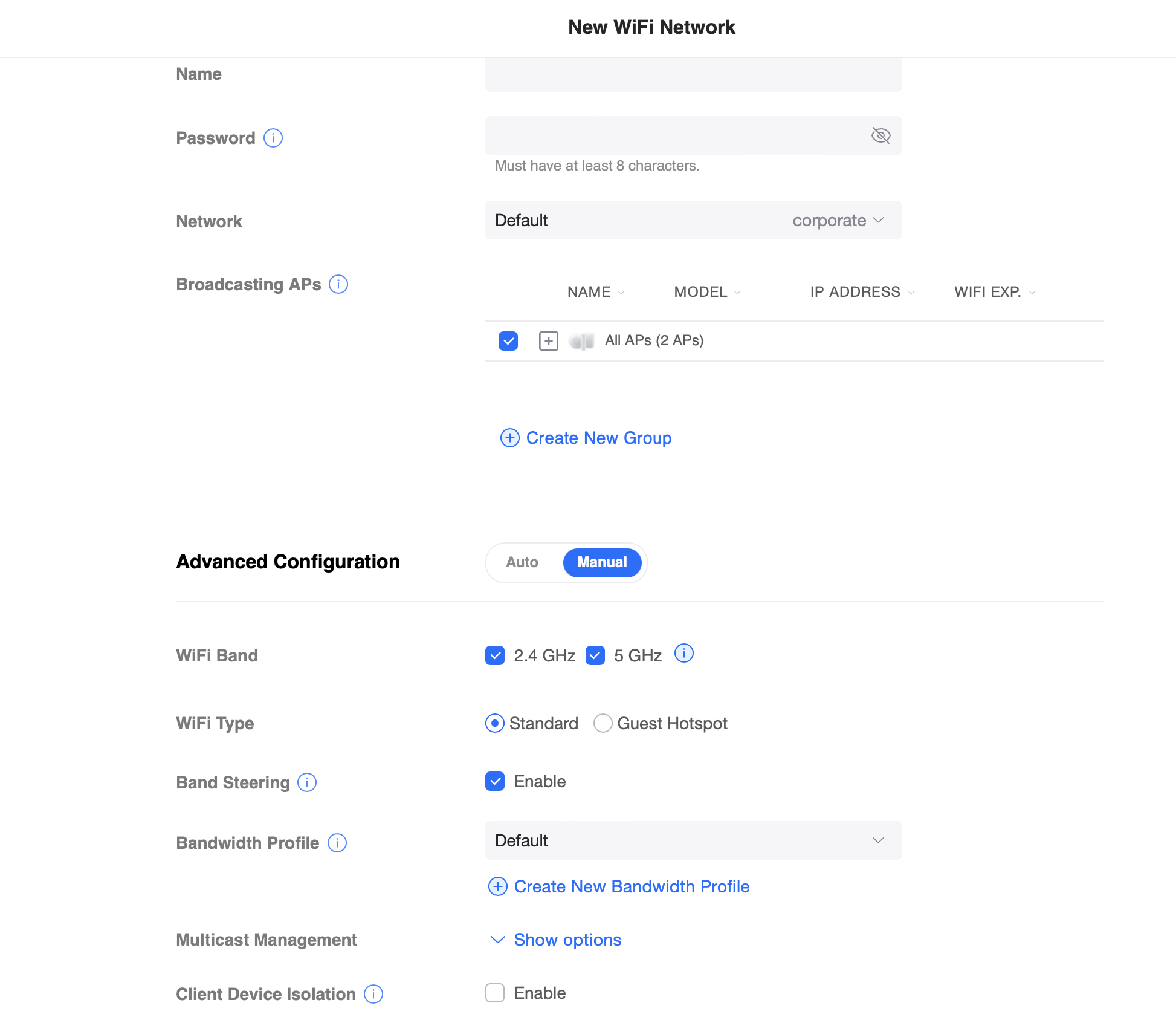 The Ubiquiti Unifi WiFi setup screen